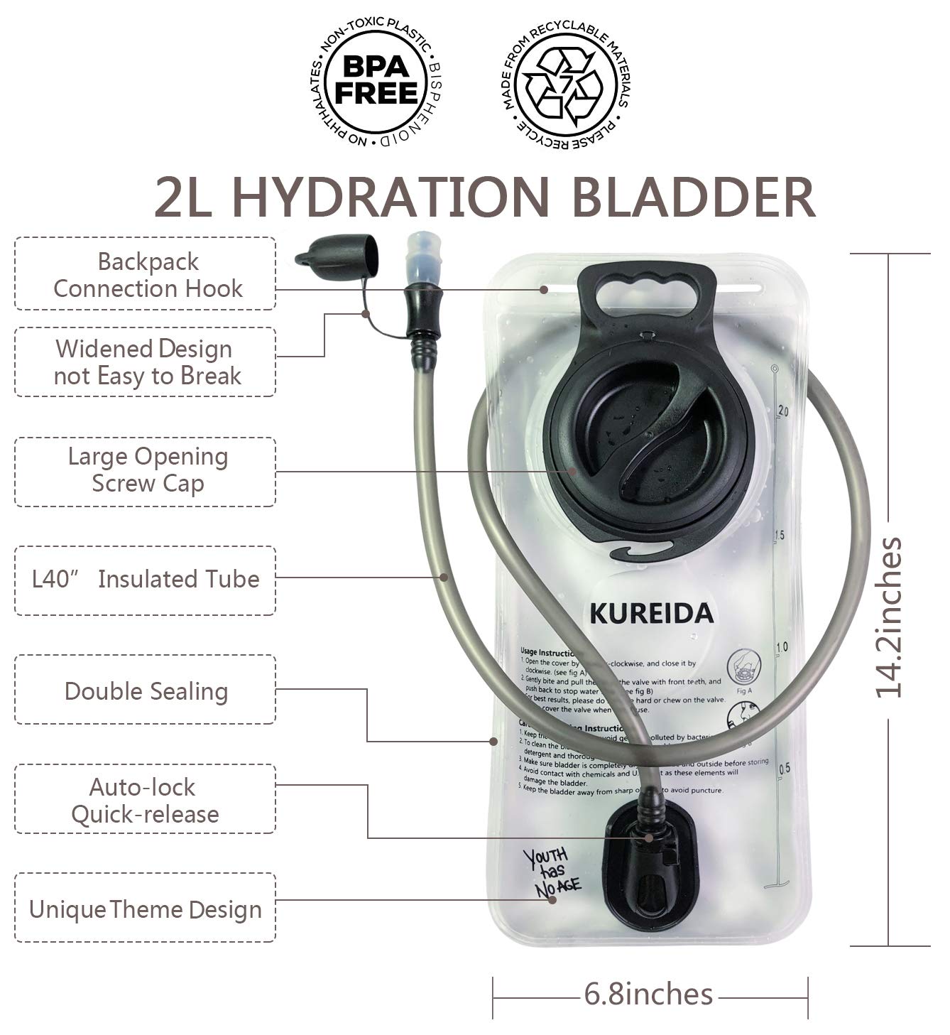 KUREIDA Hydration Bladder 2 Liter Leak Proof Water Reservoir,BPA Free,Wide Opening,Military Water Bladder Combined with Hydration Backpacks for Biking Hiking Running Camping Climbing,White