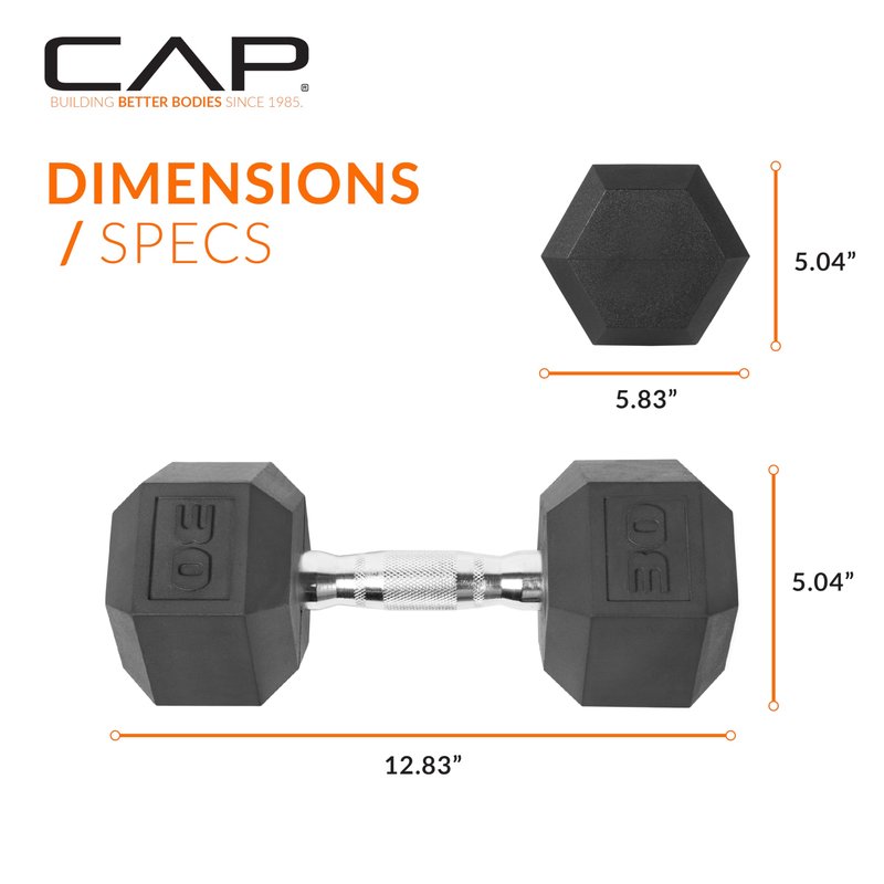 CAP Barbell 30 LB Rubber Coated Hex Dumbbell Hand Weight - Pair | Chrome Handle