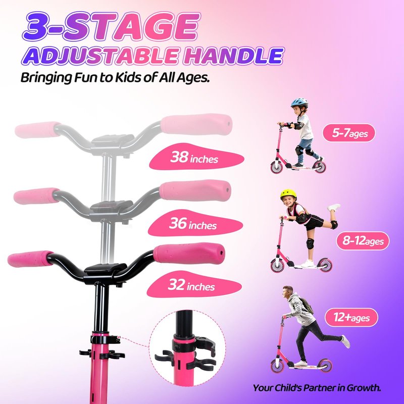 Nattork Kick Scooter for Teens Adults, Max Load 240 LBS, Adjustable Height Foldable with 8" Large Wheels, Anti-Shock Suspension Hot Pink