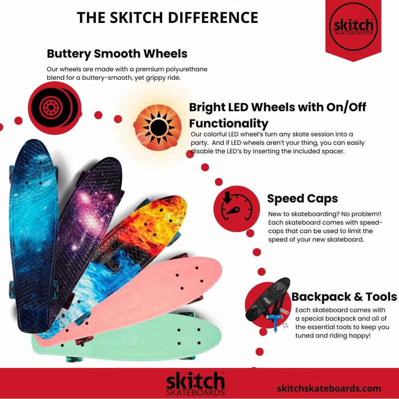 SKITCH Complete Skateboards for Kids Ages 6-12 Beginners Boys Year Old Children Youth Gift Set 22 Inch Penny Board Mini Cruiser ABEC 9 Bearings Skateboard Backpack Bag Skate Tool (Blue Galaxy LED+)