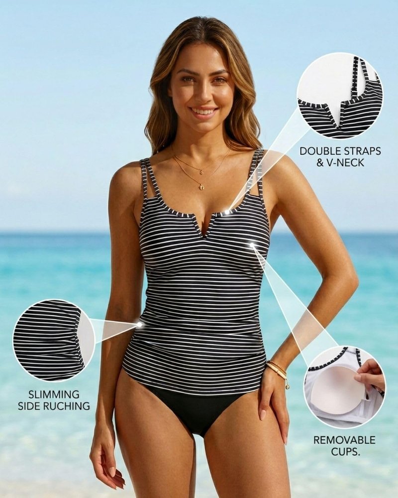Women’s Tankini Bathing Suit Top - Ruched Tummy Control Swimwear | Modest Design, Comfortable Fit