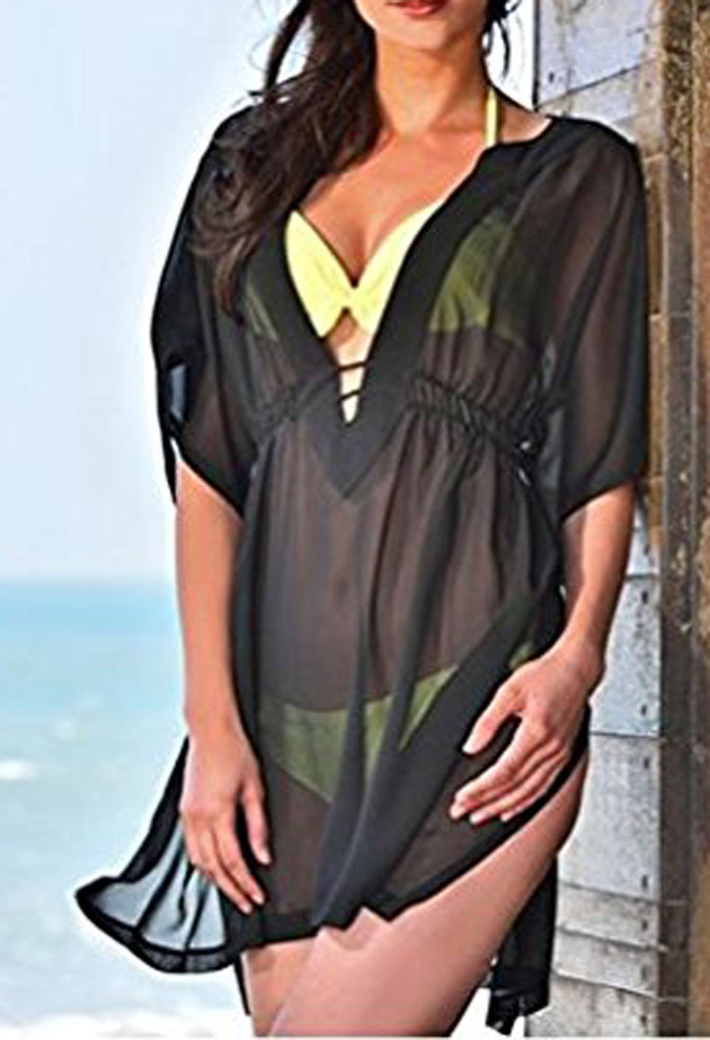 Wander Agio Beach Bikini Covers Sexy Perspective V-Neck Dresses Cover Up Black