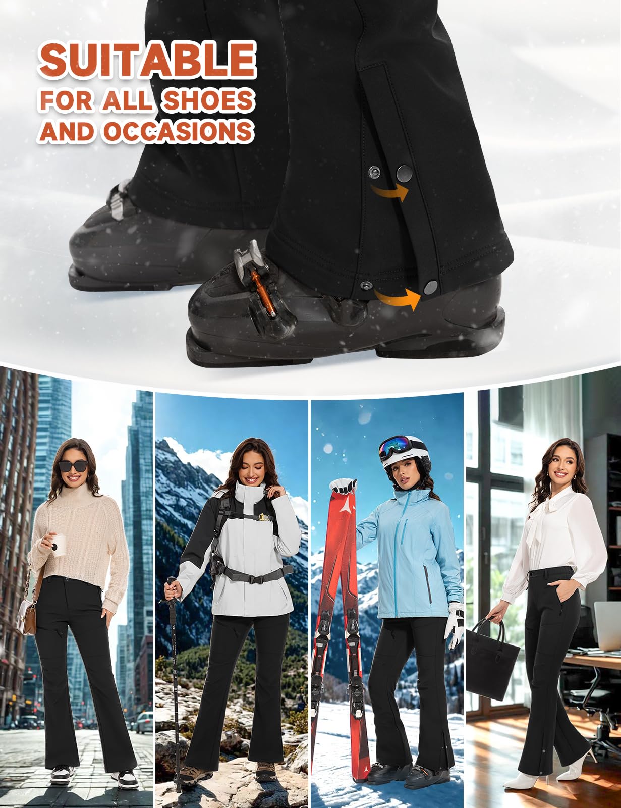 Hiauspor Womens-Snow-Ski-Pants-Fleece-Lined-Water-Resistant Insulated Thermal Flare Warm for Snowboard Winter Hiking(Black, 8, 31")