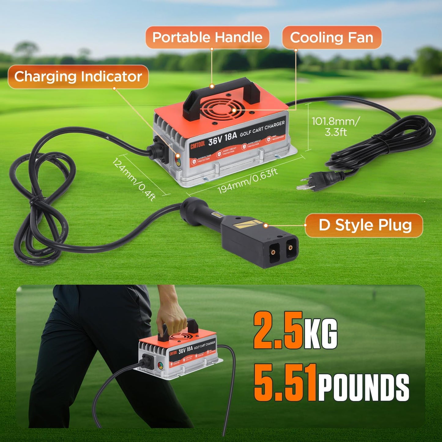 CMTOOL 36 Volt 18AMP Golf Cart Battery Charger for EZGO, IP67 Waterproof, Fully Automatic 36V EZGO Smart Fast Charging Trickle Charger for Lead-Acid Batteries, 16Ft Cable (18A)