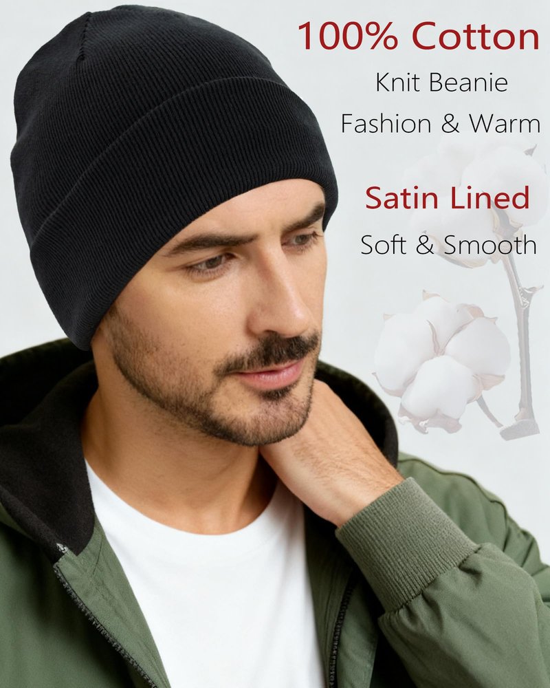 Satin Lined Beanie, 100% Cotton Beanies Hats for Men Women, Slouchy Knit Cuffed Winter Warm Soft Hat, Silk Lining Snug Skull Cap