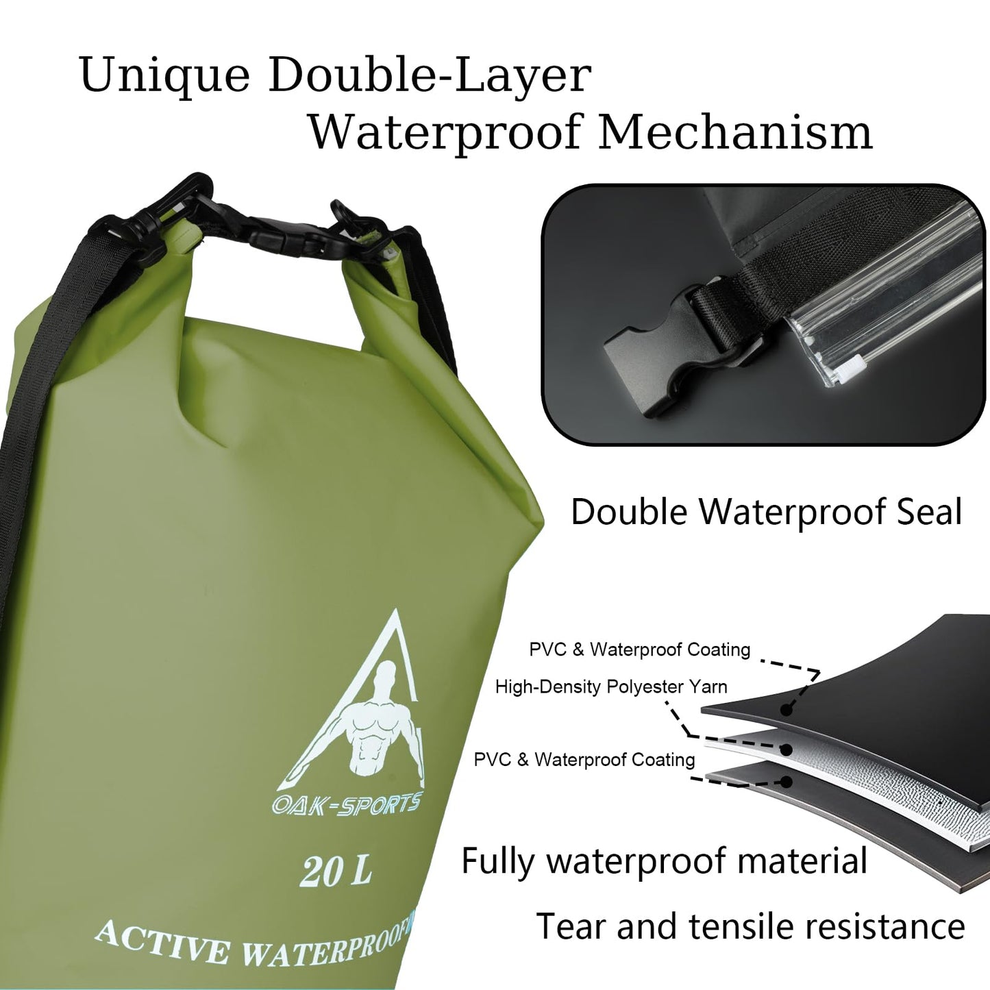 Oak-Sports Dry Bag Waterproof Backpack 5L/10L/20L, Roll Top Lightweight Beach Bag with Double Zipper Seal for Swimming, Kayaking, Hiking, Boating, Adjustable Shoulder Strap (Green, 5L)