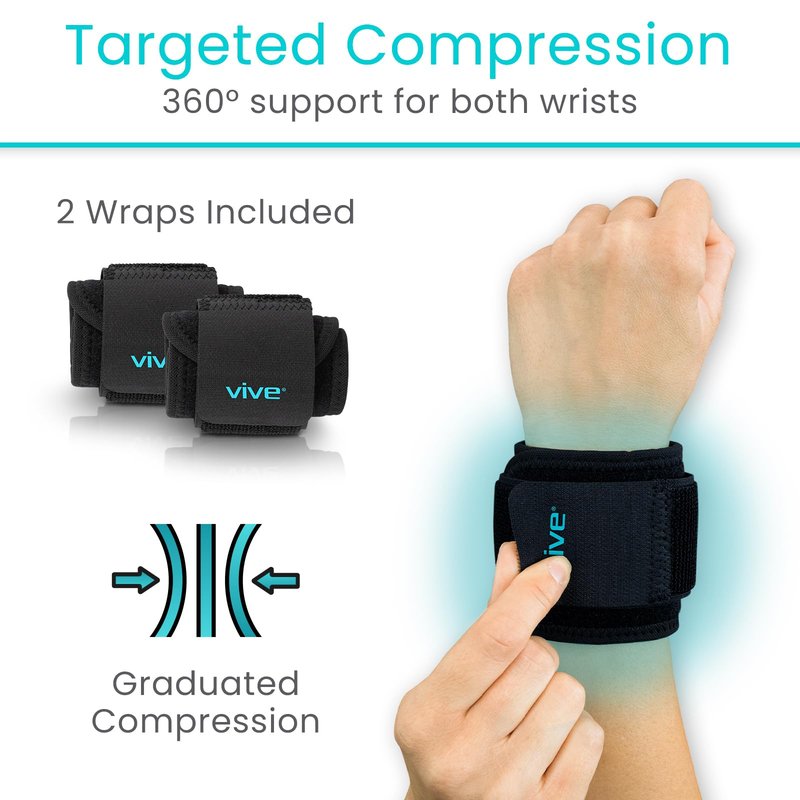 Vive Wrist Support Wrap (2 Pack) - Band for Tennis, Working Out, Golf & Sports - Adjustable Compression Strap for Tendonitis, Carpal Tunnel & Arthritis - Men & Women Protector Guards for Weightlifting