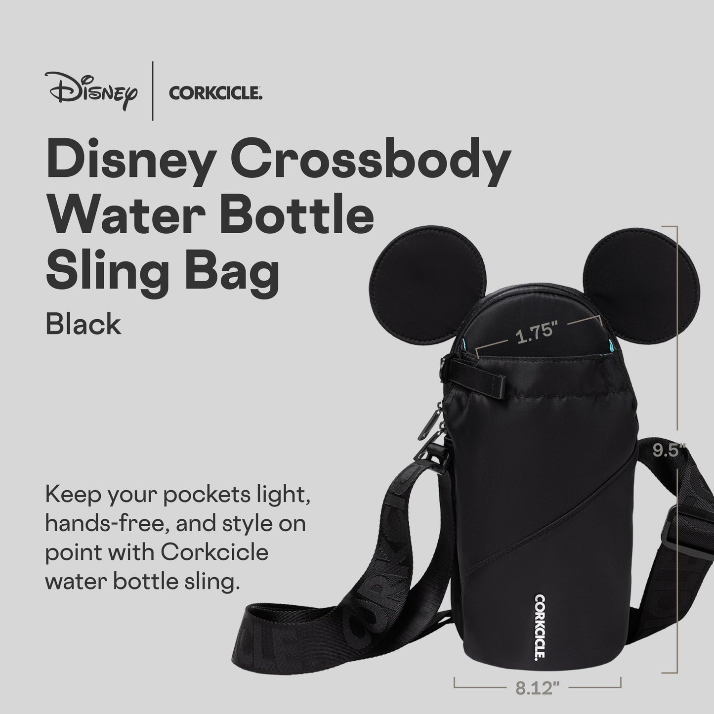 Corkcicle Crossbody Water Bottle Sling Bag - Adjustable Strap - Padded Interior Pocket - Fits 16 oz to 40 oz Tumblers - Summer Drinkware Gift - Black Minnie Mouse Ears