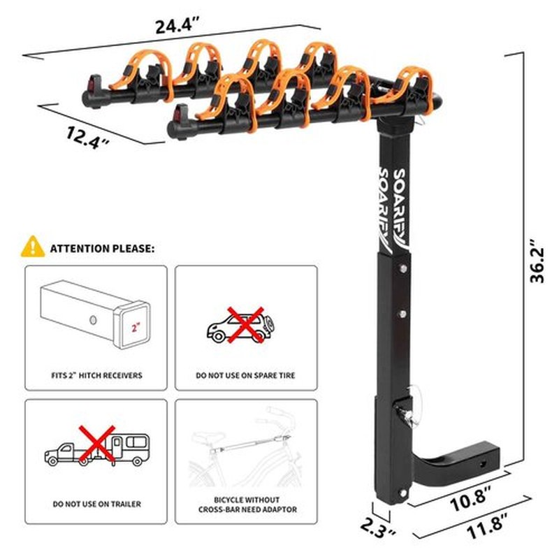Soarify Bike Rack for Car, SUV, RV, Mount Hitch Bike Back 4, Up to 143 lbs Load Bicycle Rack Carrier Rubber Straps, Tilt Release with 2" Hitch for Cars (4BIKES)
