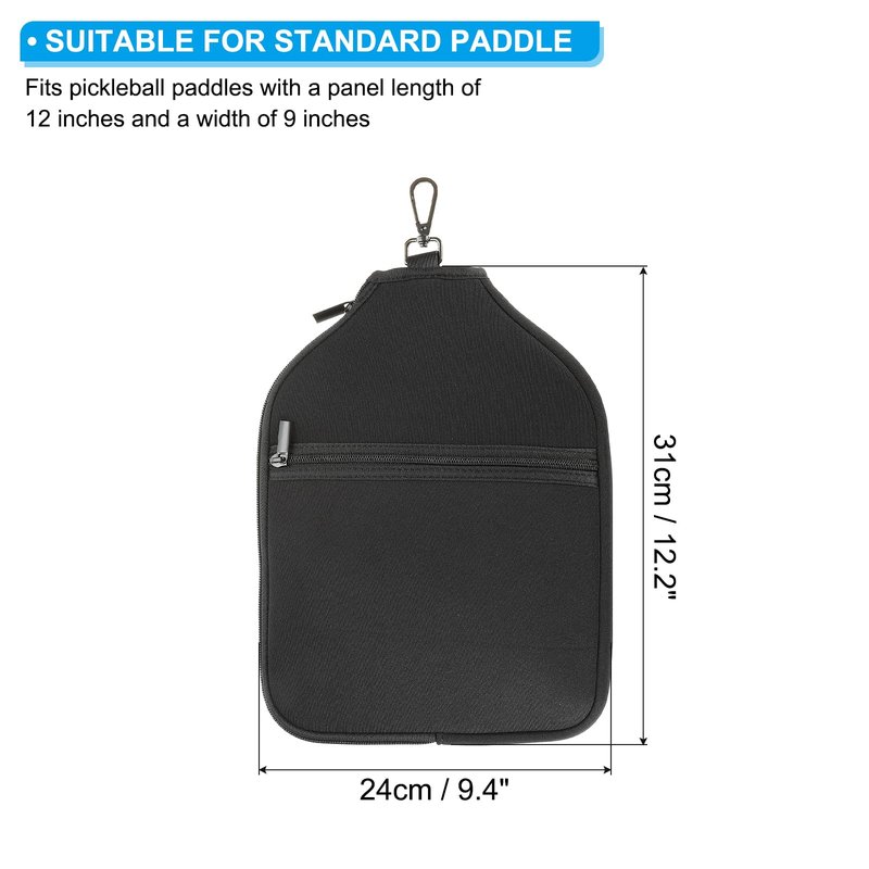 PATIKIL Pickleball Paddle Cover, Universal 12.2x9.4 Inch, Black Neoprene, Zipper Closure, Utility Pocket, Soft Shell, Carrying Strap