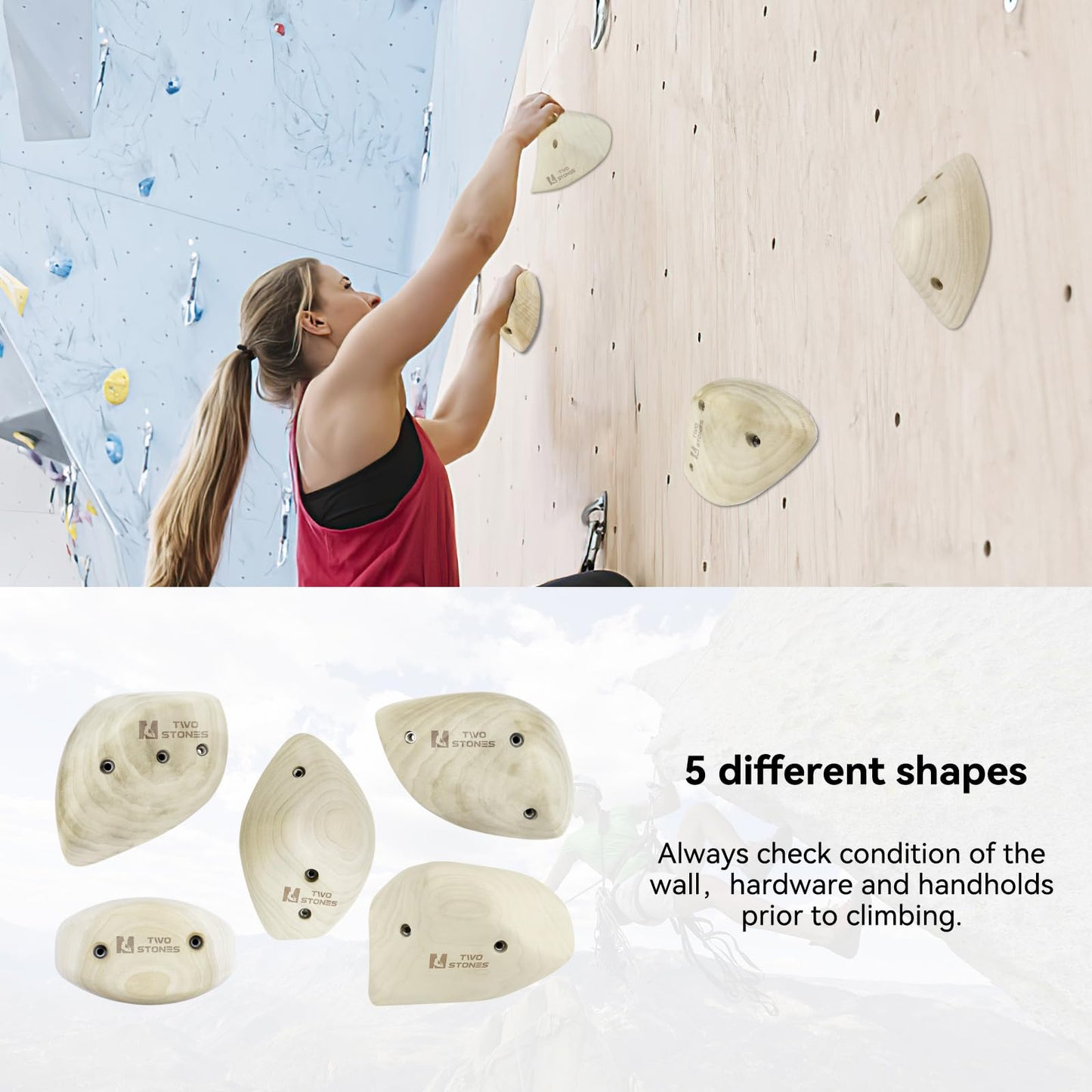TWO STONES Wooden Rock Climbing Holds for Adults | Wood Rock Wall Climbing Holds for Gyms | Variety Screw On Climbing Hand Holds Set with Mounting Hardware