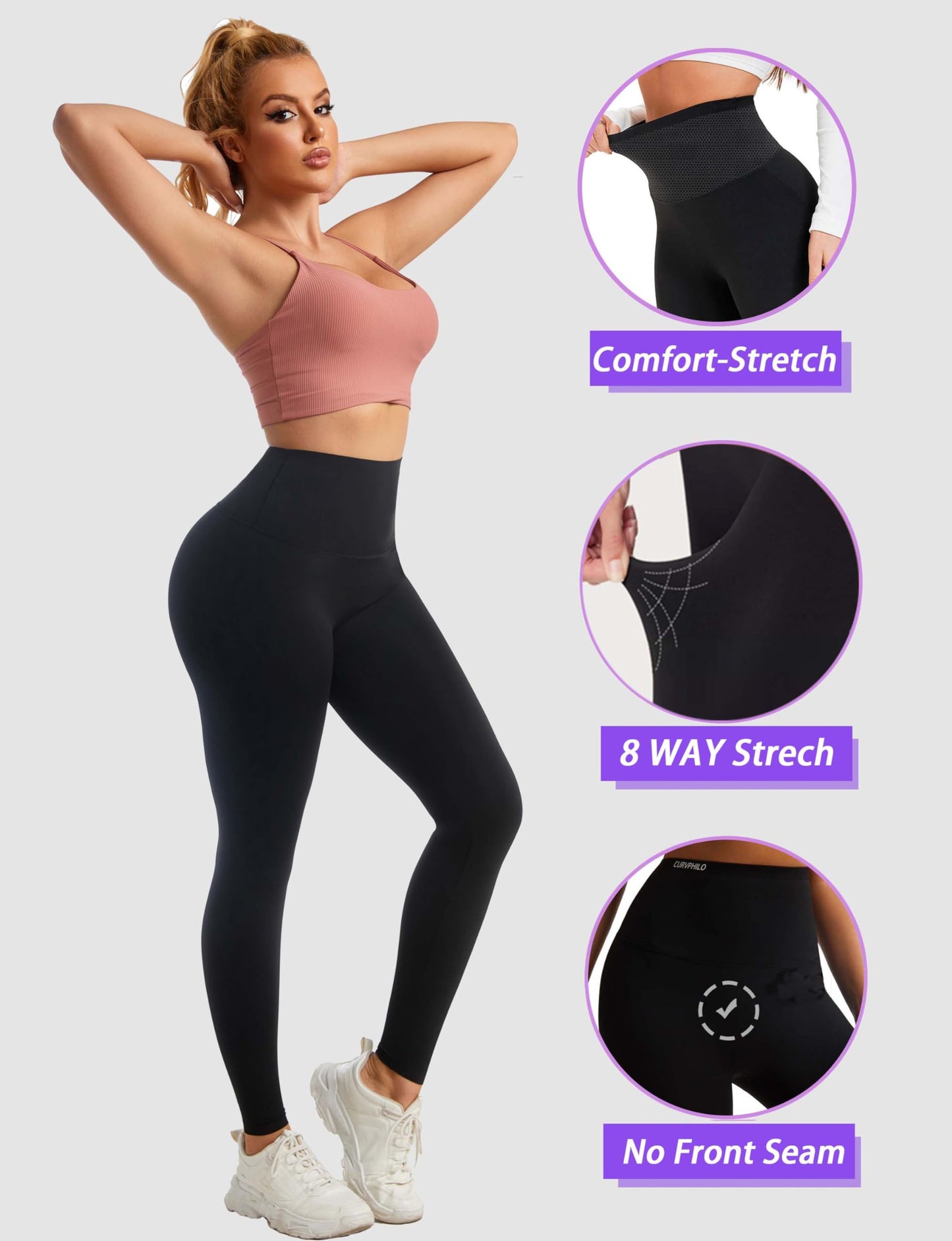 Curvphilo Compression Leggings Butt Lifting Tummy Control Stretchy Pants Yoga Pants Seamless High Waist Shapewear Tights(XL/XXL, Black)