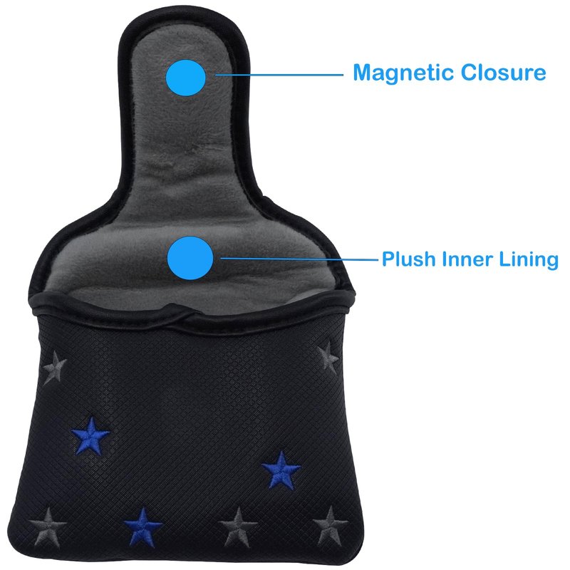 Kimpengofu Shamrock Golf Club Mallet Putter Cover Magnetic Closure Synthetic PU Leather with Embroidery Lucky Clover Stripes and Stars Pattern Design (Black)