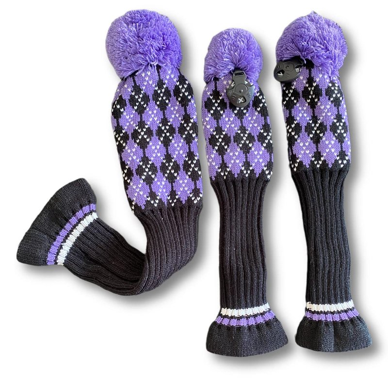 3pcs Knit Golf Headcovers for Women Men - Club Head Covers for Driver, 3 5 Fairway Woods, Pom Pom Golf Wood Headcovers for 1 3 5 Woods (Purple&Black)