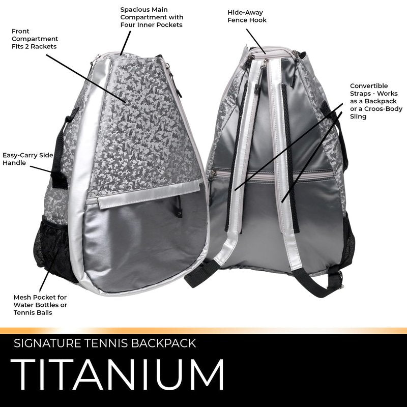 Glove It Signature Tennis Backpack for Women, Lightweight Ladies Tennis Bag & Sling Backpack for 2 Racquets, Balls, Water Bottle - Titanium