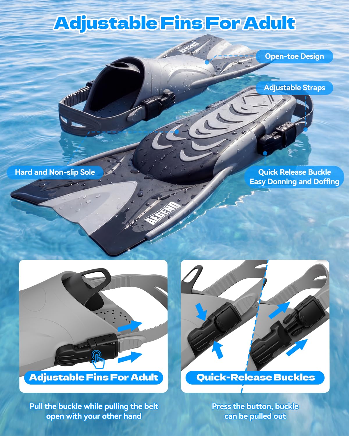 Aegend Snorkeling Gear for Adults Men Women: Anti-Fog Panoramic Mask Set, Adjustable Fins & Dry Top Snorkel – All-in-One Travel Snorkel Set for Swimming, Diving & Snorkeling (Dark Black, S/M)