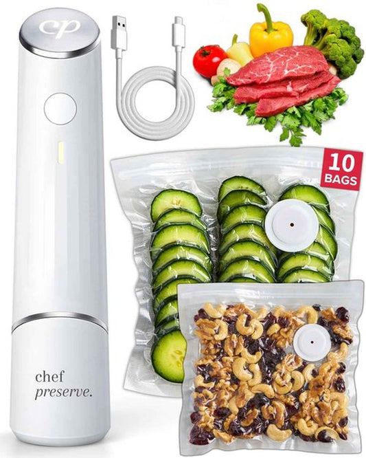 Chef Preserve Compact Vacuum Sealer for Food (Vacuum Sealer Machine + 10 Reusable Vacuum Bags) Powerful Handheld Vacuum Sealer Machine, Seal Meal Saver, Portable Food Sealer
