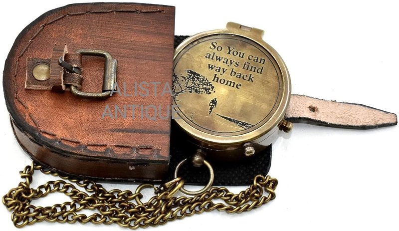 “So You Can Always Find Your Way Back Home” Antique Brass Pocket Compass with Leather Case for Couple | Birthday Gifts | Christmas Day Gift Compass | Hiking Compass