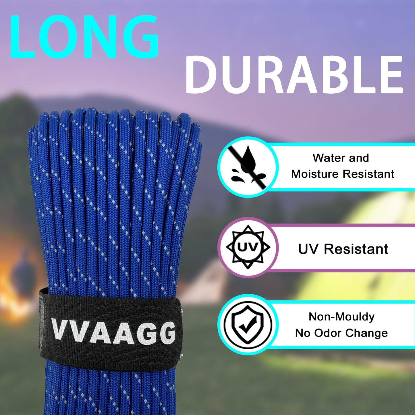 VVAAGG Reflective Paracord Rope 100FT, 7 Strand Nylon para Cord Lanyard Utility 550 Parachute Cord, 4mm Thin Tent Rope for Outdoor Camping Hiking (Blue)