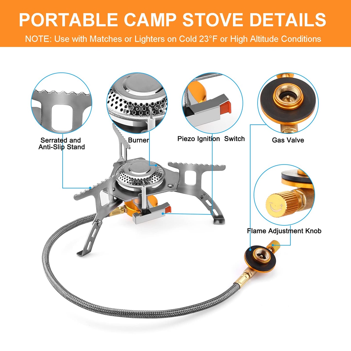 WADEO Camping Gas Stove, 3700W Portable Backpacking Stove with Piezo Ignition, Portable Burner, Camping Stove Adapter and Carrying Case for Outdoor Cooking