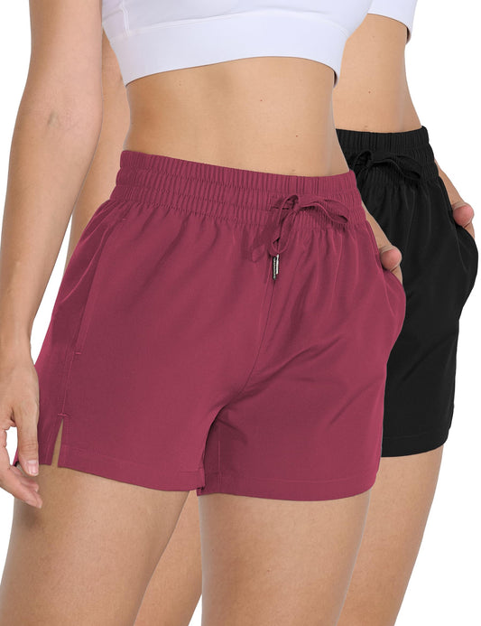 Winvote 2 Pack 3" Womens Athletic Shorts Basic Running Shorts Lightweight Quick Dry Gym Workout Shorts with Pockets Black-Burgundy M