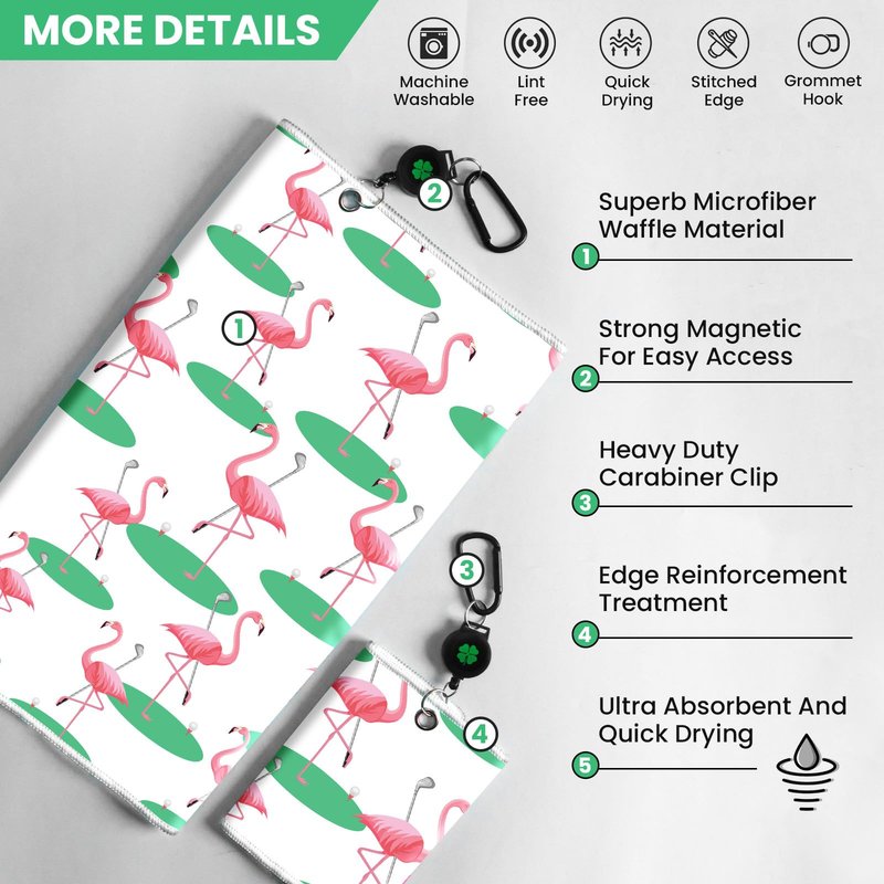 Golf Towels for Golf Bags Value 2 Pack 21"x16" and 12"x8" Set with Strong Magnetic Retractable Carabiner, Microfiber Waffle Towel Pattern Lightweight Absorbent Gift for Women Ladies (Flamingo&White)