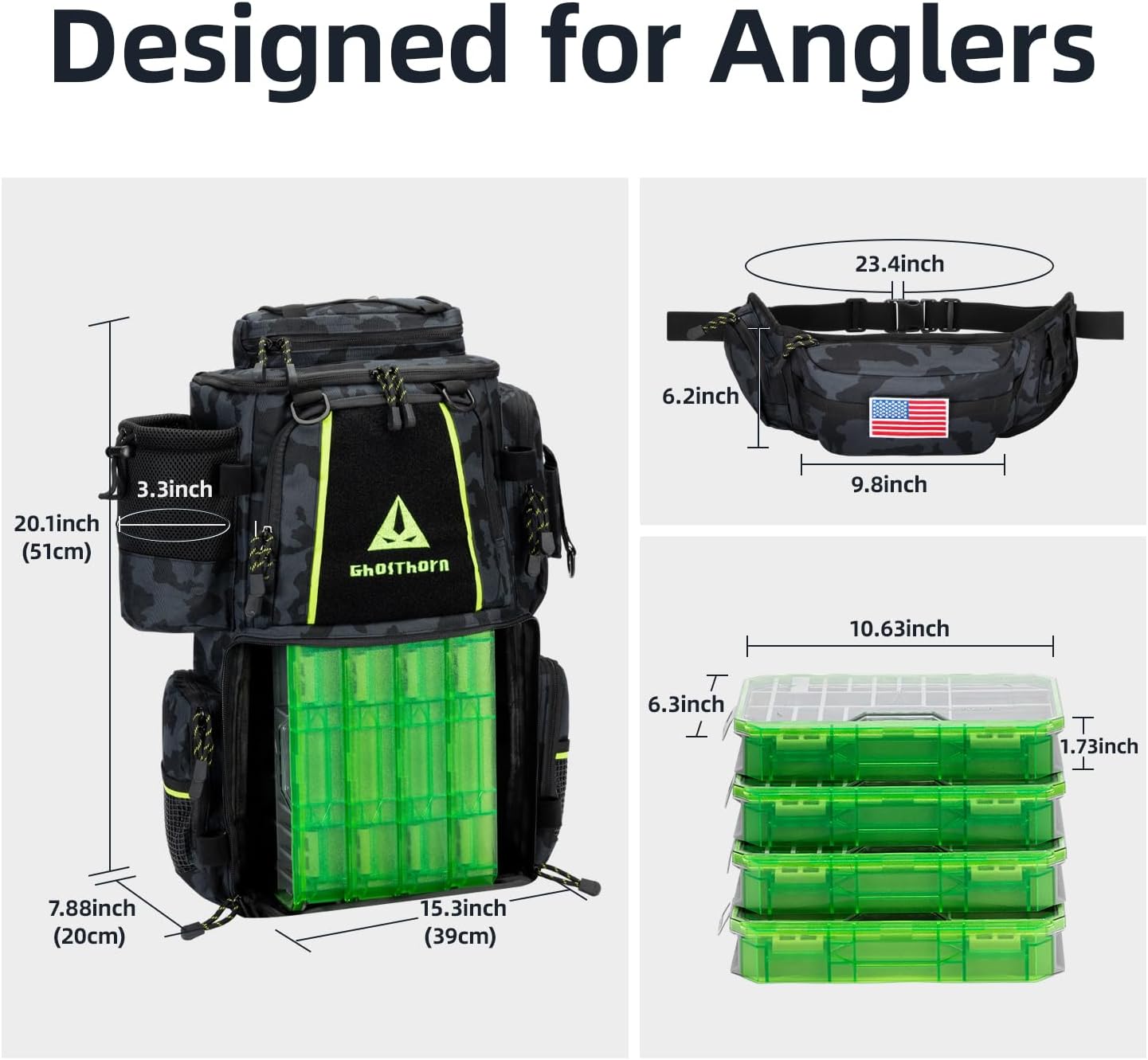 Ghosthorn Fishing Tackle Backpack - 43L Waterproof Gear Bag with 4 Tackle Boxes & Rod Holder | Detachable Waist Bag
