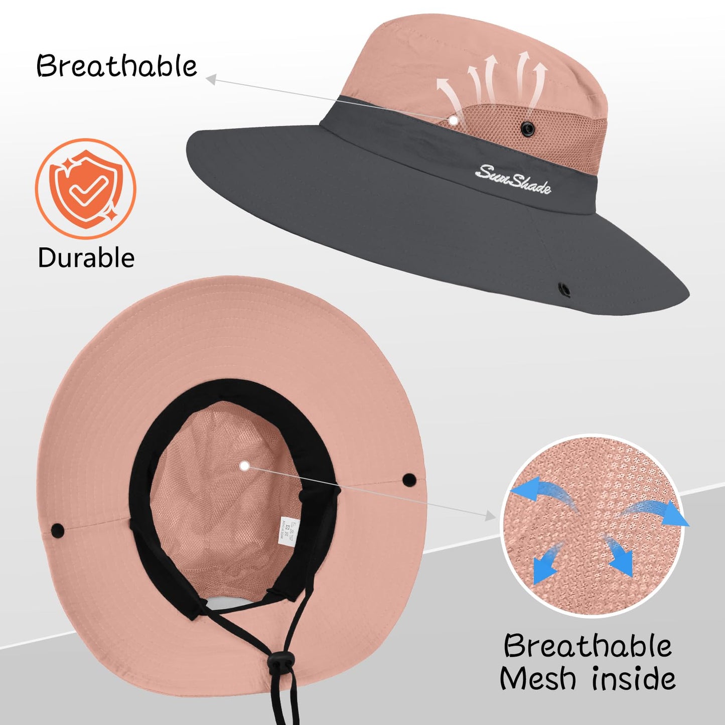 ZOORON Women's Ponytail Safari Sun Hat,Wide Brim UV Protection Outdoor Bucket Hat,Foldable Beach Summer Fishing Hat