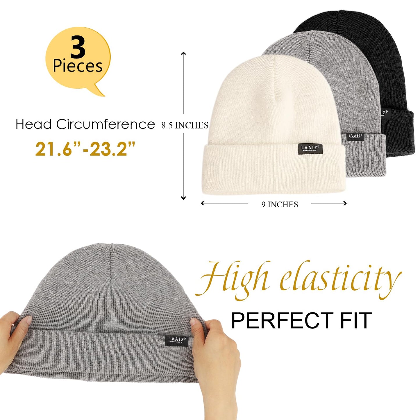 3 Pack Satin Lined Beanie Hats for Women Men Winter Silk Lined Soft Warm Knit Cuffed Beanies Cotton Crochet Slouchy Skull Cap