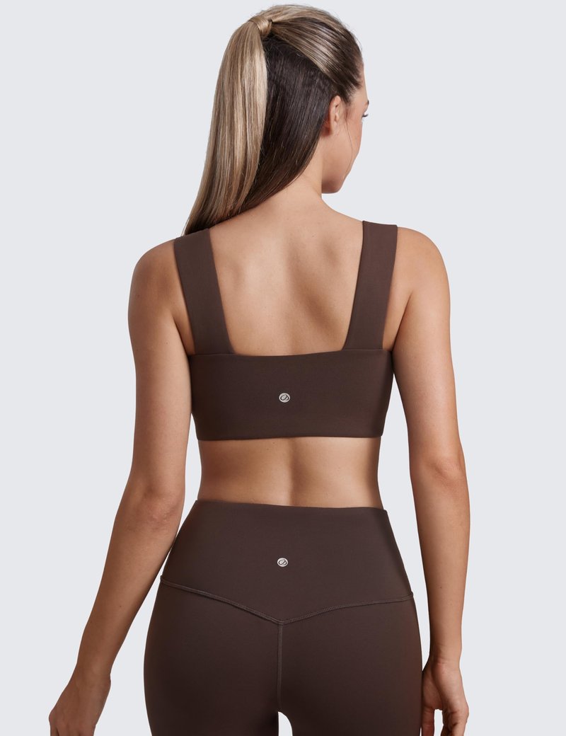 CRZ YOGA Butterluxe Wide Straps Sports Bras for Women - Square Neck Padded Open Back Camisole Yoga Crop Top Hot Fudge Brown Small