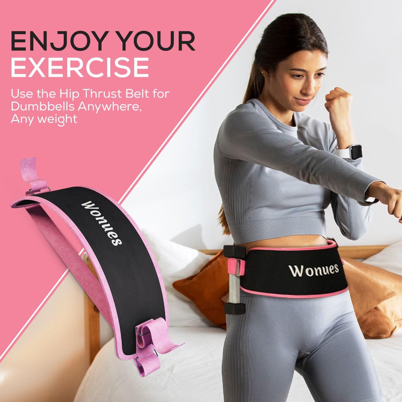 Wonues Exercise Hip Thrust Belt + Weight Lifting Straps, Weight lifting belt, Adjustable Belt for Gym or Pilates, For Kettlebells or Dumbells, Unisex belt