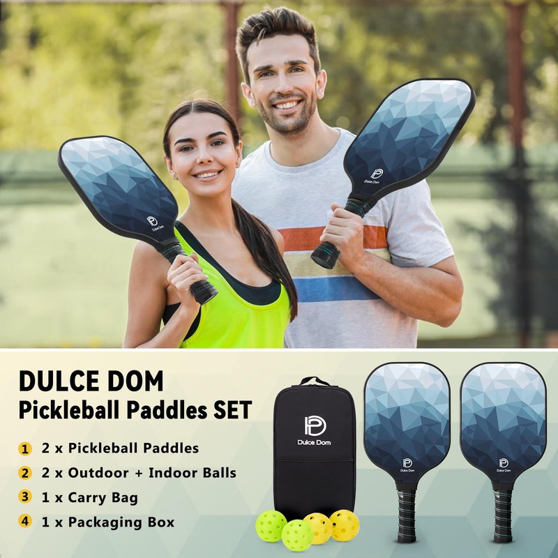 DULCE DOM Pickleball Paddles Set of 2, USAPA Approved Carbon Fiber Pickleball Set with Balls and Carrying Bag, Lightweight Pickle Ball Rackets for Beginners & Pros (Blue)