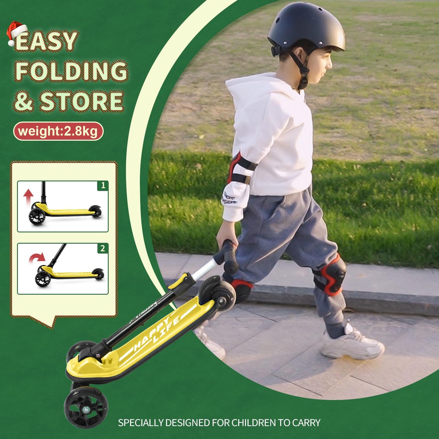 besrey Kick Scooter for Kids Ages 3-10, 3-Wheel Folding Scooter with Adjustable Height, LED Light Wheels, Extra Wide Deck for Outdoor Activities