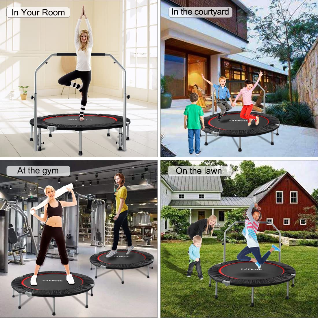 48 Inch Foldable Fitness Trampolines with 4 Level Adjustable Heights Foam Handrail,Jump Trampoline for Kids and Adults Indoor&Outdoor, Max Load 440lbs