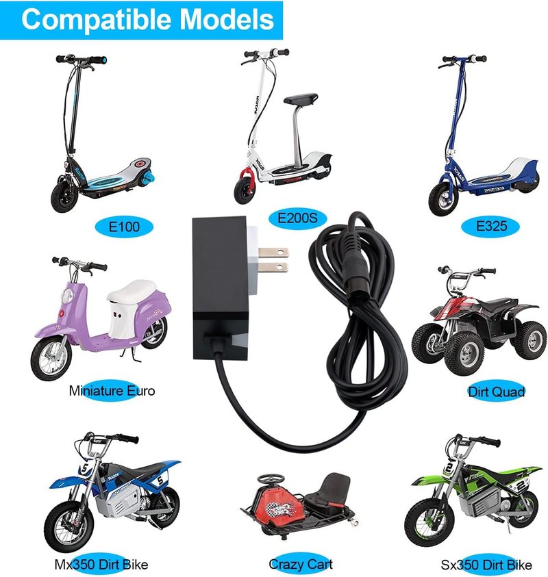 24V Charger for Scooter Razor Trikke E2 Ground Force Drifter Kart Crazy Cart Charger E300 E200 E100 E125 E150 PR200 MX350 Dirt Quad Pocket Mod