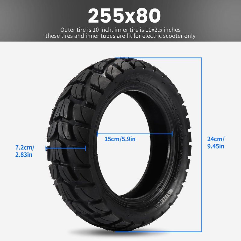HTBCCHB 255x80 Scooter Tire Off Road,10in Electric Scooter Tire with Inner Tube Replacement Thickened Pneumatic Tyres for 10 inch 80/65-6 10x3.0 Electric car Scooter
