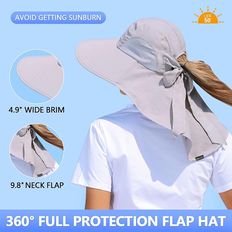Ponytail Sun Hat - UPF 50+ Wide Brim for Hiking, Camping & Fishing | Light Gray & Watermelon Red
