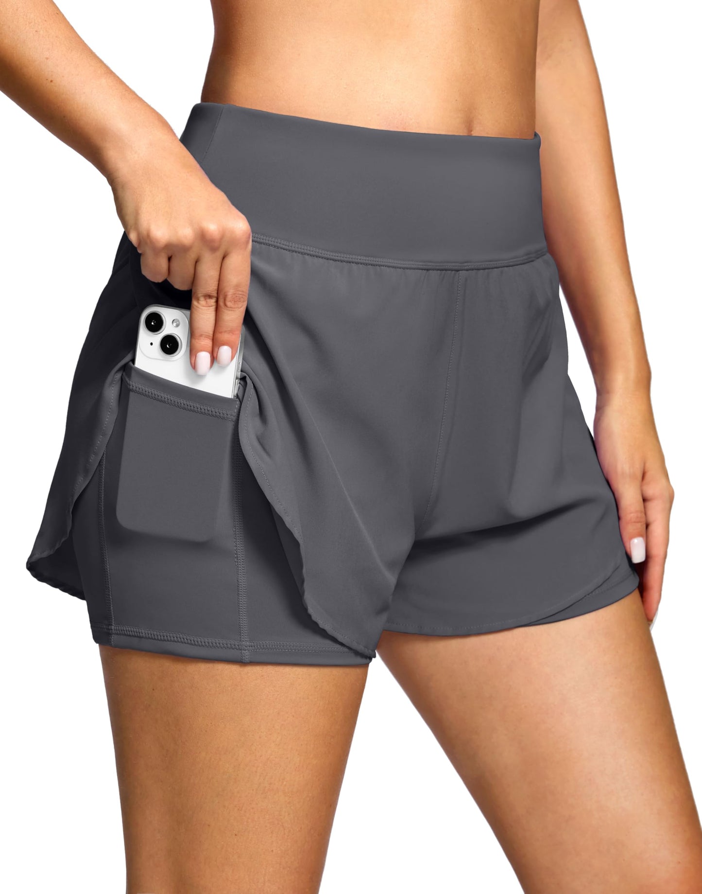 Soothfeel Women's 2 in 1 Running Shorts - High Waisted Lightweight Athletic Workout Gym Yoga Shorts Spandex Liner with Pockets Dark_Grey M