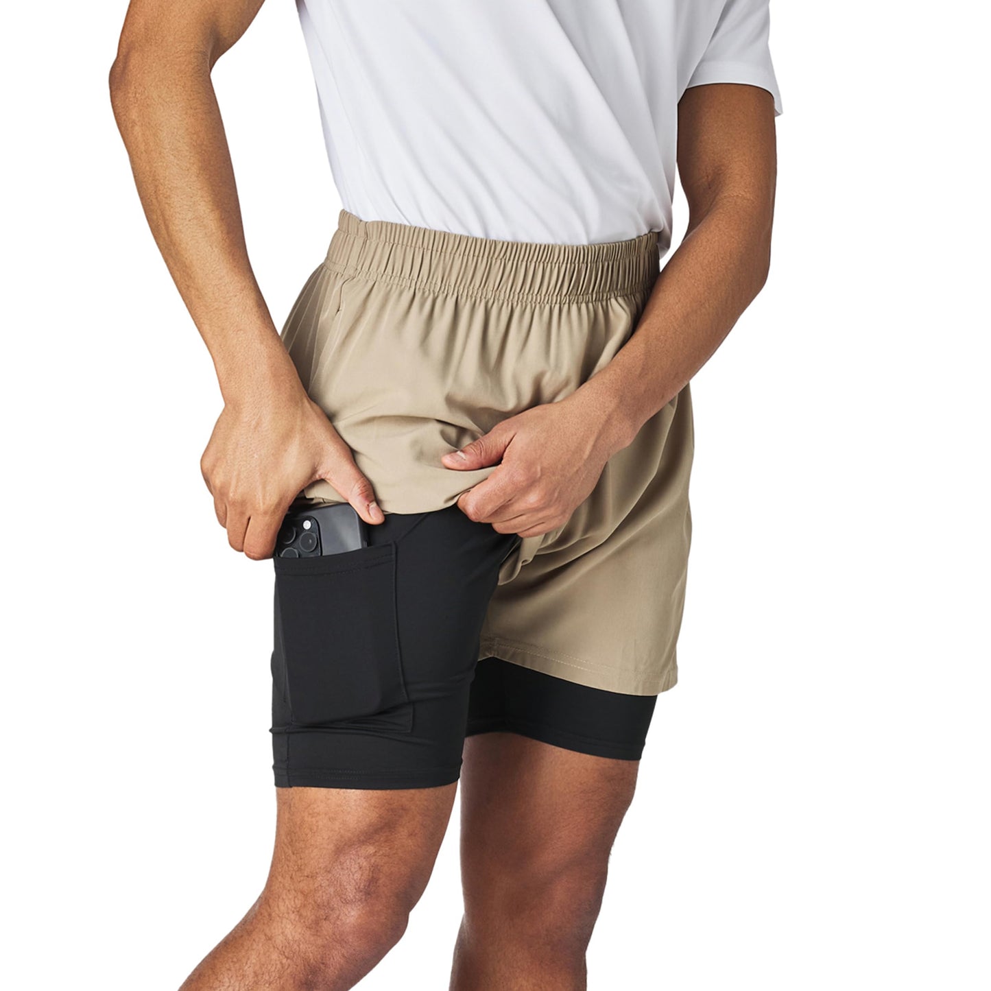 Ultra Performance Men's Athletic 2 in 1 Compression Shorts 2 Pack Mens Gym Workout Running Short’s for Men, 5 Inch Inseam Espresso/Khaki