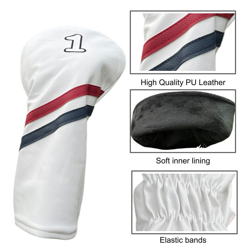Golf Club Head Covers for Driver Fairway Woods and hybrids - Leather Head Covers disigned to fit All Drivers and Woods - Embroidery Number Vintage Leather Style - Soft and Delicate Interior