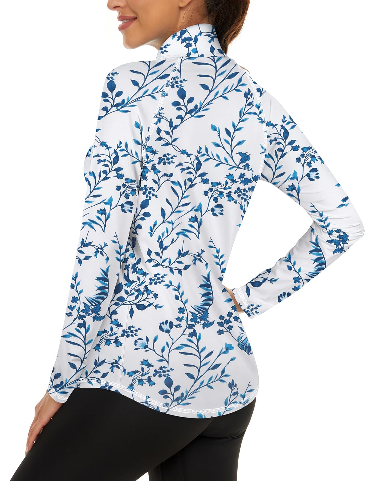 LURANEE Womens UPF 50+ Long Sleeve 1/4 Zip Pullover Athletic Hiking Running Workout Tops Blue Leaf L