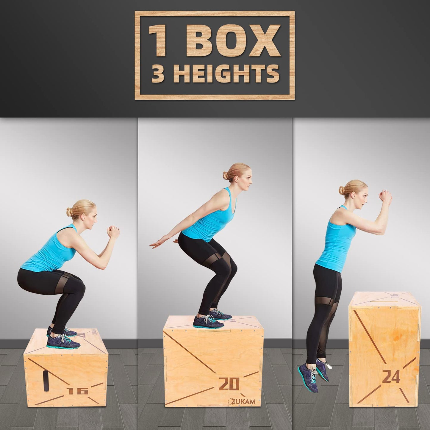 ZUKAM Wood Plyometric Jump Box- 3-in-1 Wooden Plyo Box for Home Gym and Outdoor Workout (20" x 18" x 16")