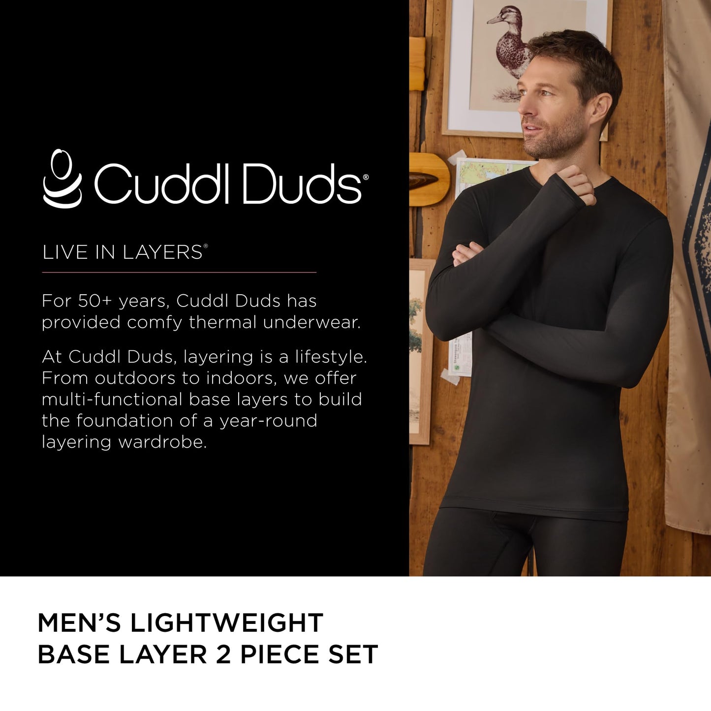 Cuddl Duds Mens Lightweight & Breathable Everyday Active Base Layer 2 Piece Thermal Underwear Set - Cozy Jersey Long Sleeve Shirt & Leggings - Matching Lounge Sets Long Johns for Men, White, L