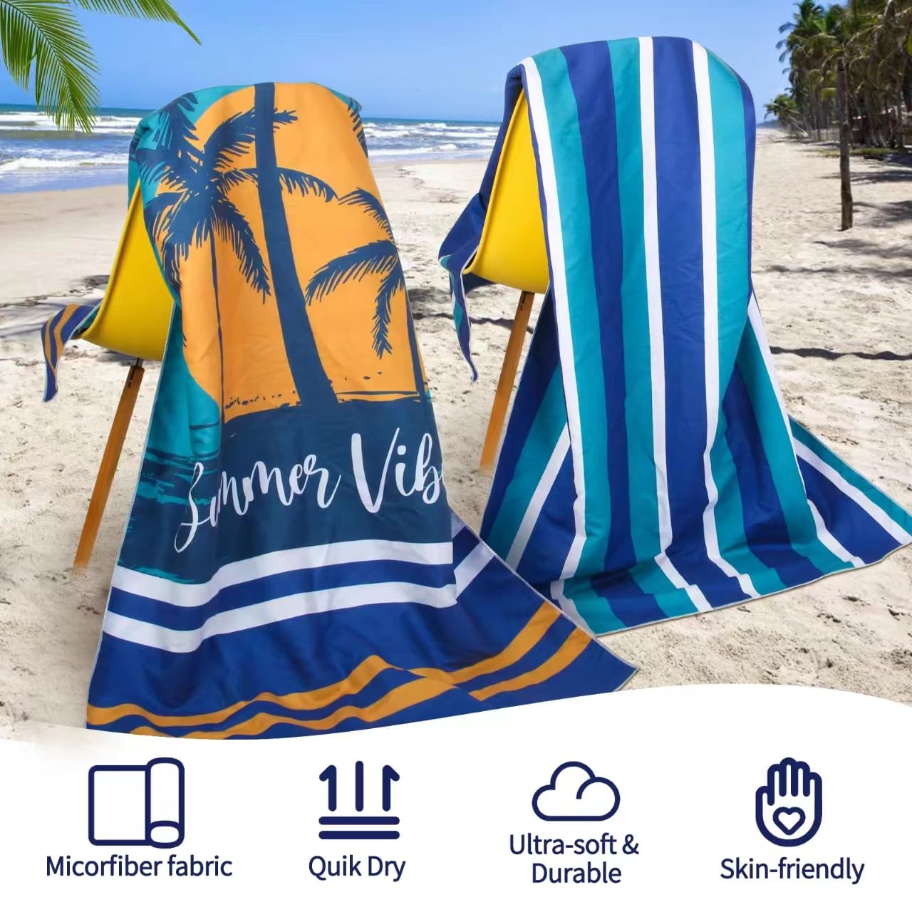 2 Pack Microfiber Oversized Lightweight Beach Towel for Adults Women Men, Reversible 71" x 32" XL Extra Large Thin Quick Dry Sand Free Pool Towels for Travel Sport Swimming Camping Picnic Yoga Gym