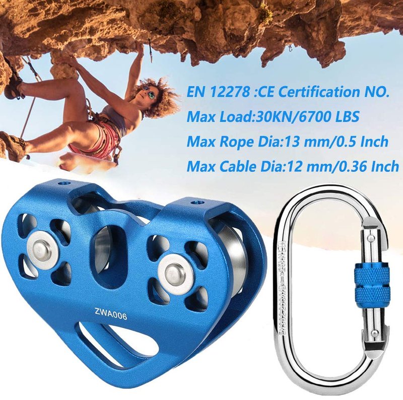 Youngneer Climbing Zip Line Pulley 30KN Double Tandem Speed Dual Trolley with 25kN Carabiner for 1/4 5/16 3/8 1/2 Cable for Zipline Climbing Rescue Pulley