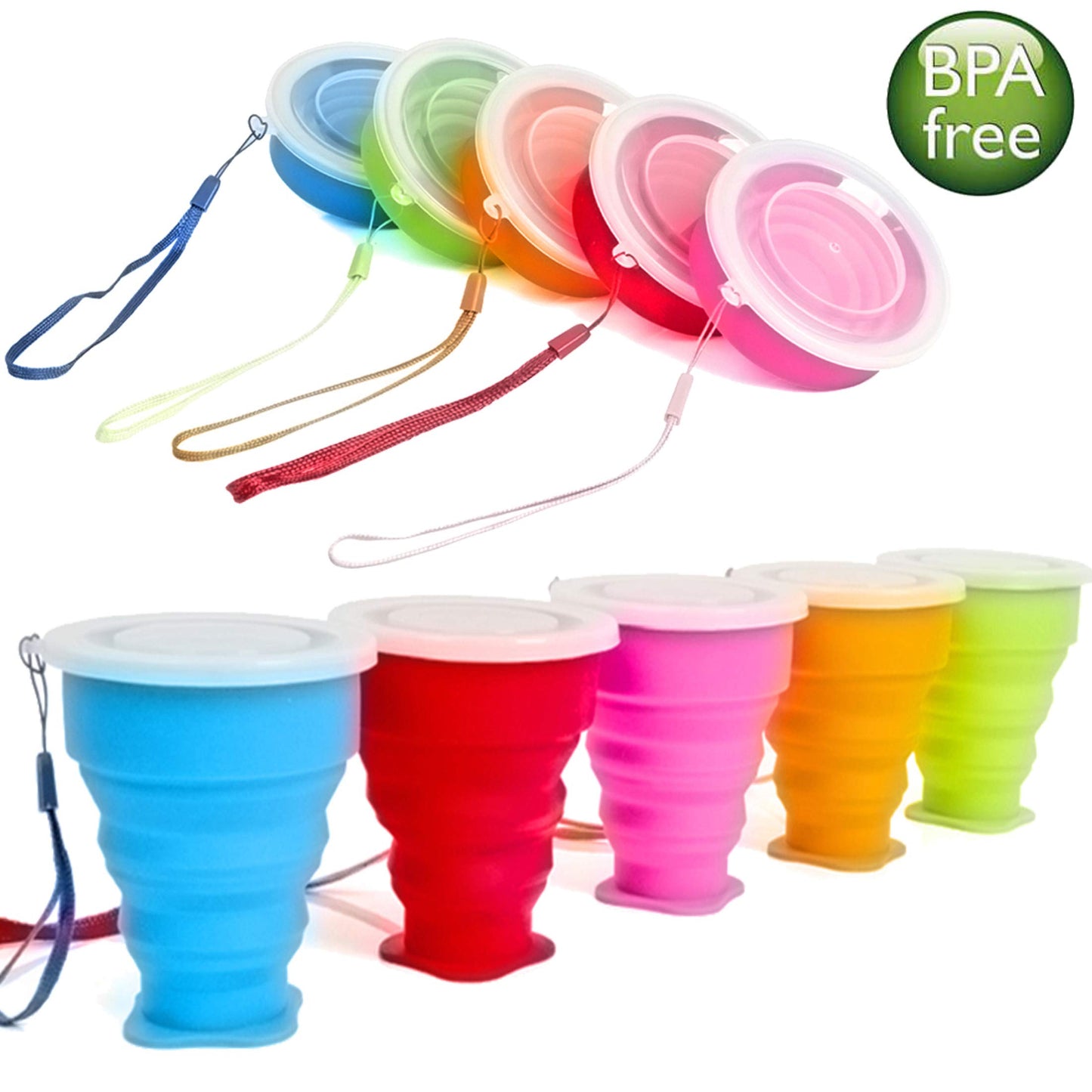 Stouge 5 Pack Silicone Collapsible Cups for Traveling Foldable Camping Cups Collapsible Water Cup Portable Drinking Cups with Lids Collapsible Mug for Outdoor Hiking