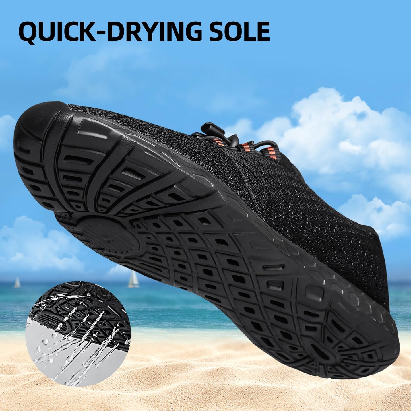 DOUSSPRT Men's Water Shoes Quick Drying Sports Aqua Shoes Dark Allblack Size 7