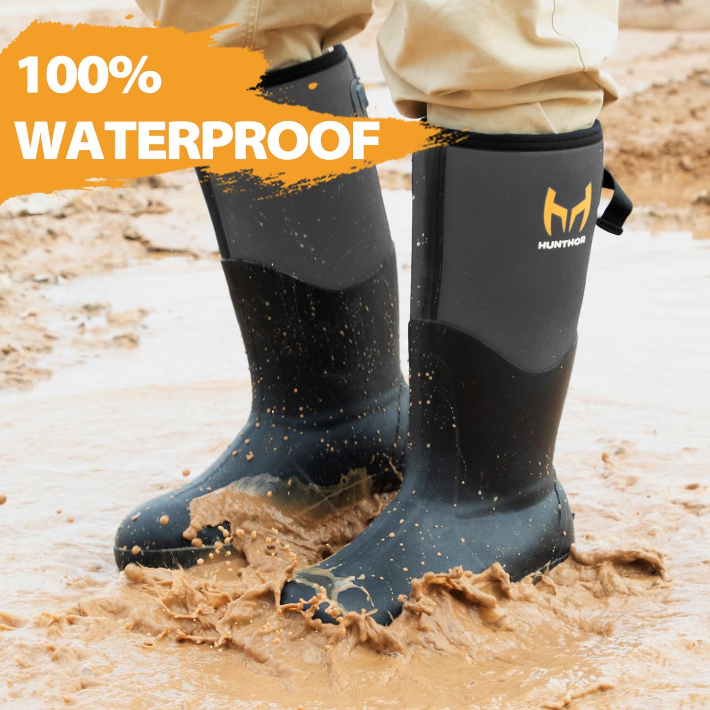 Hunthor Rubber Work Boots, Puncture-Proof with Steel Toe & Shank, Waterproof Insulated 6mm Neoprene Hunting Boots for Farming, Construction, Gardening, Fishing, Outdoor Work