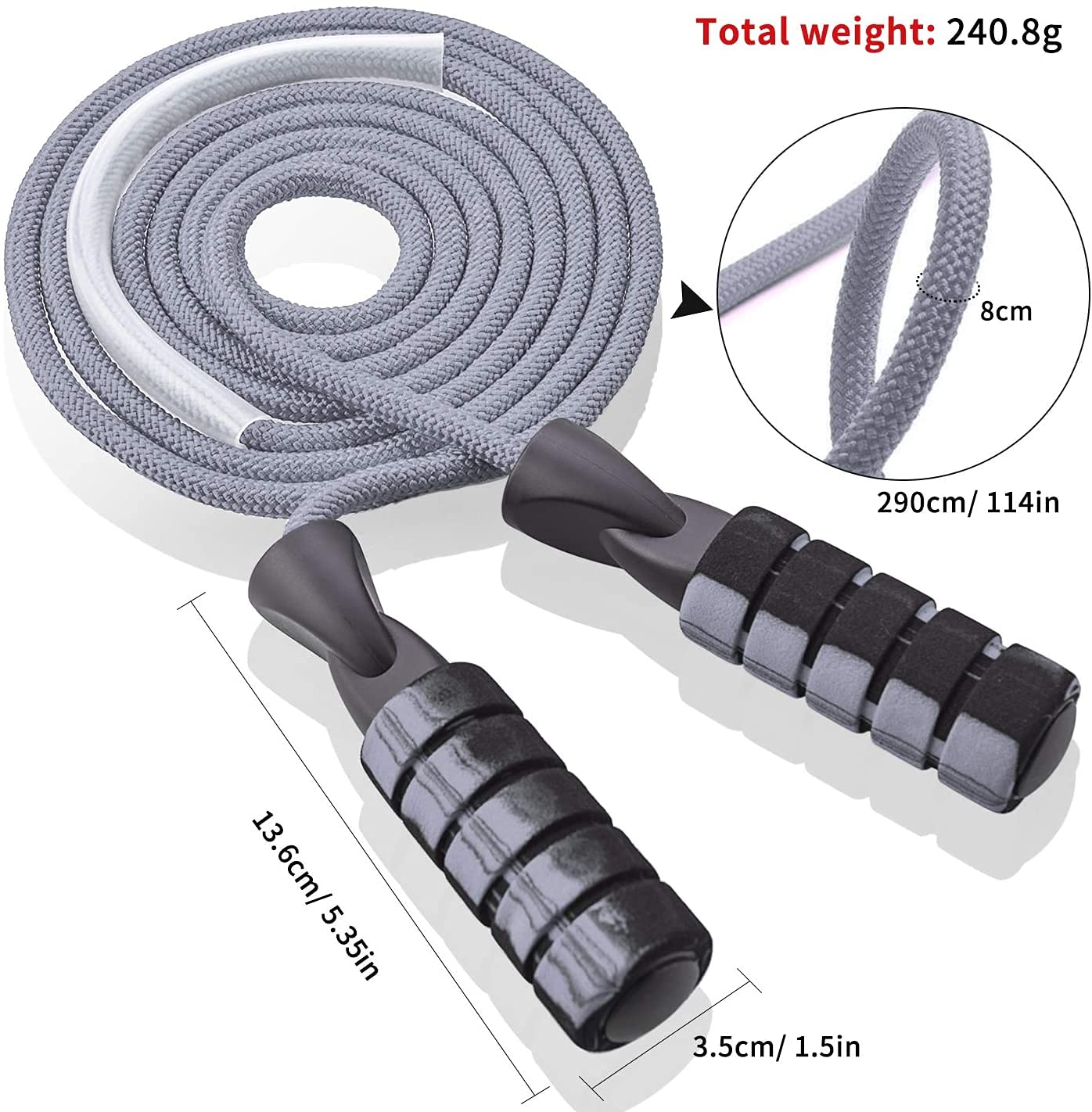 Jump Rope, Professional Weighted Cotton Jump Rope Workout, Adjustable Tangle-Free with Ball Bearings Exerciser Jump Ropes for Cardio, Endurance Training, Fitness Workouts, Jumping Exercise (Grey)