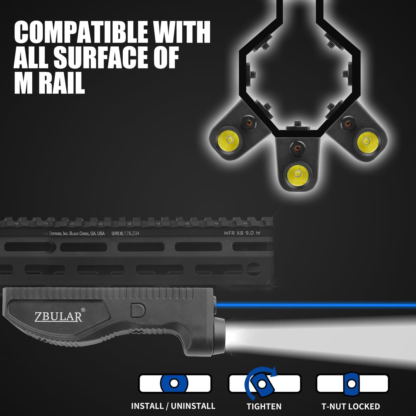 ZBULAR 1650 Lumens Strobe Function,Light Laser Combo Compatible with M-Lok Rail Surface, Tactical Flashlight and Blue Laser Sight,High Real Lumen,USB-C Rechargeable IIIA Class Laser Power Output ≤5mW